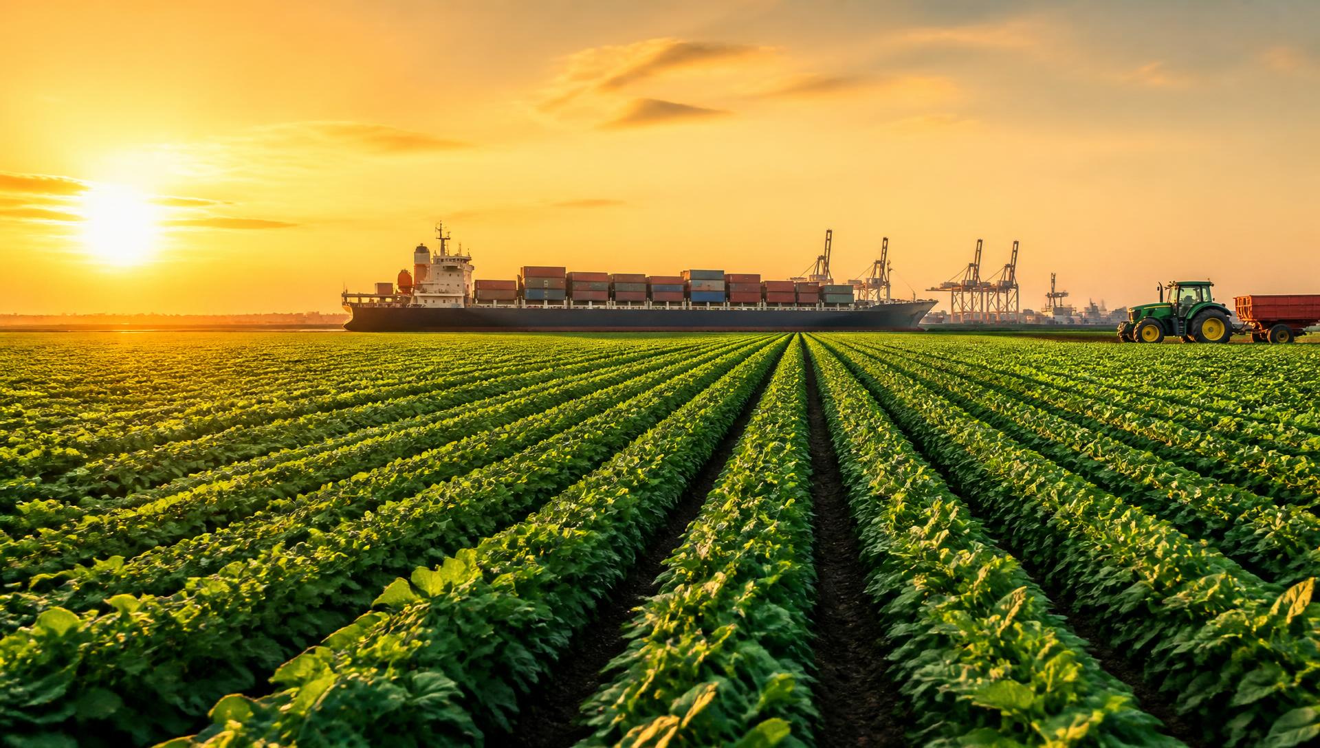 Farmland at sunset with a container ship at a nearby export port